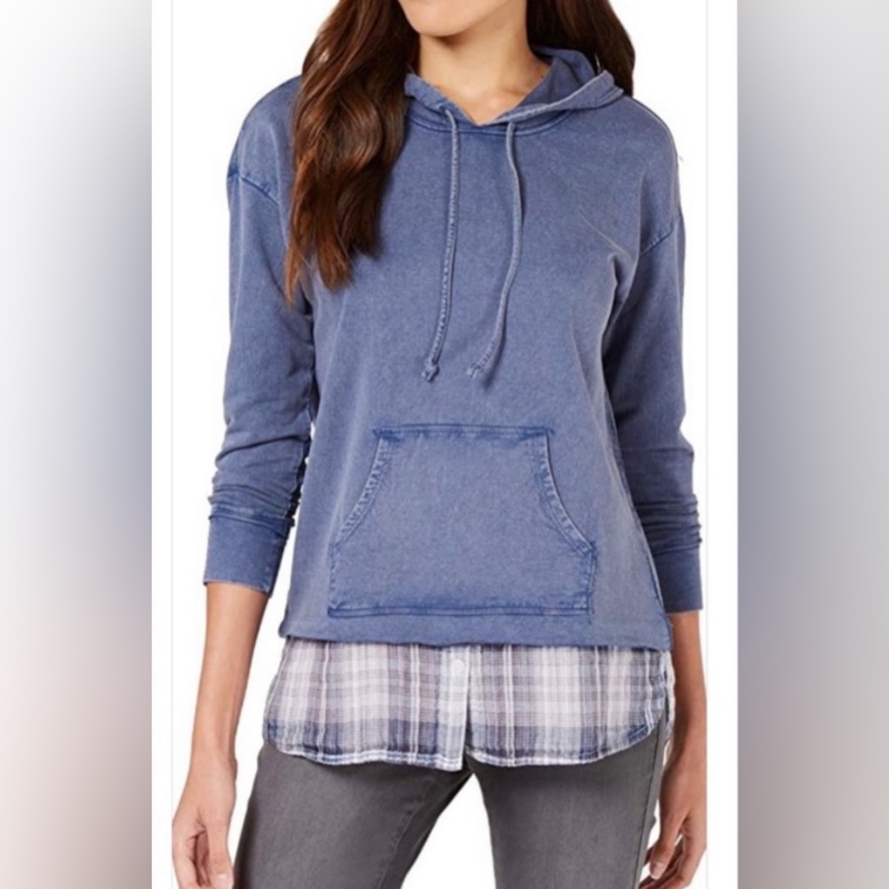 Style & Co Blue & Plaid Layered Look Hoodie Size Medium